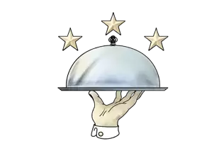 Des prestataires de confiance : une sélection de traiteurs et partenaires de qualité pour votre événem Pictogramme d'une main tenant un plat de service surmonté de trois étoiles, illustrant la Sélection de traiteurs et prestataires partenaires du chât