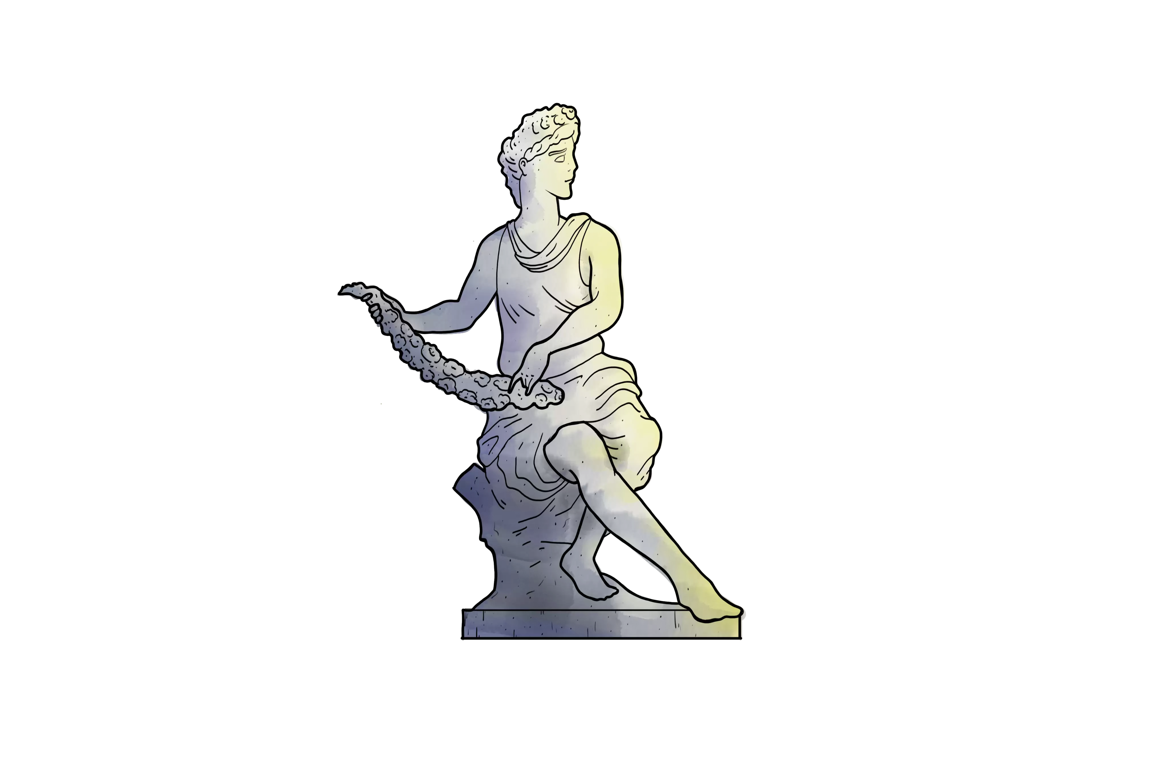 Illustration d'une statue classique symbolisant les vastes espaces extérieurs du château : esplanade pour le cocktail, pelouses, colonnade et étang pour les cérémonies laïques ou religi