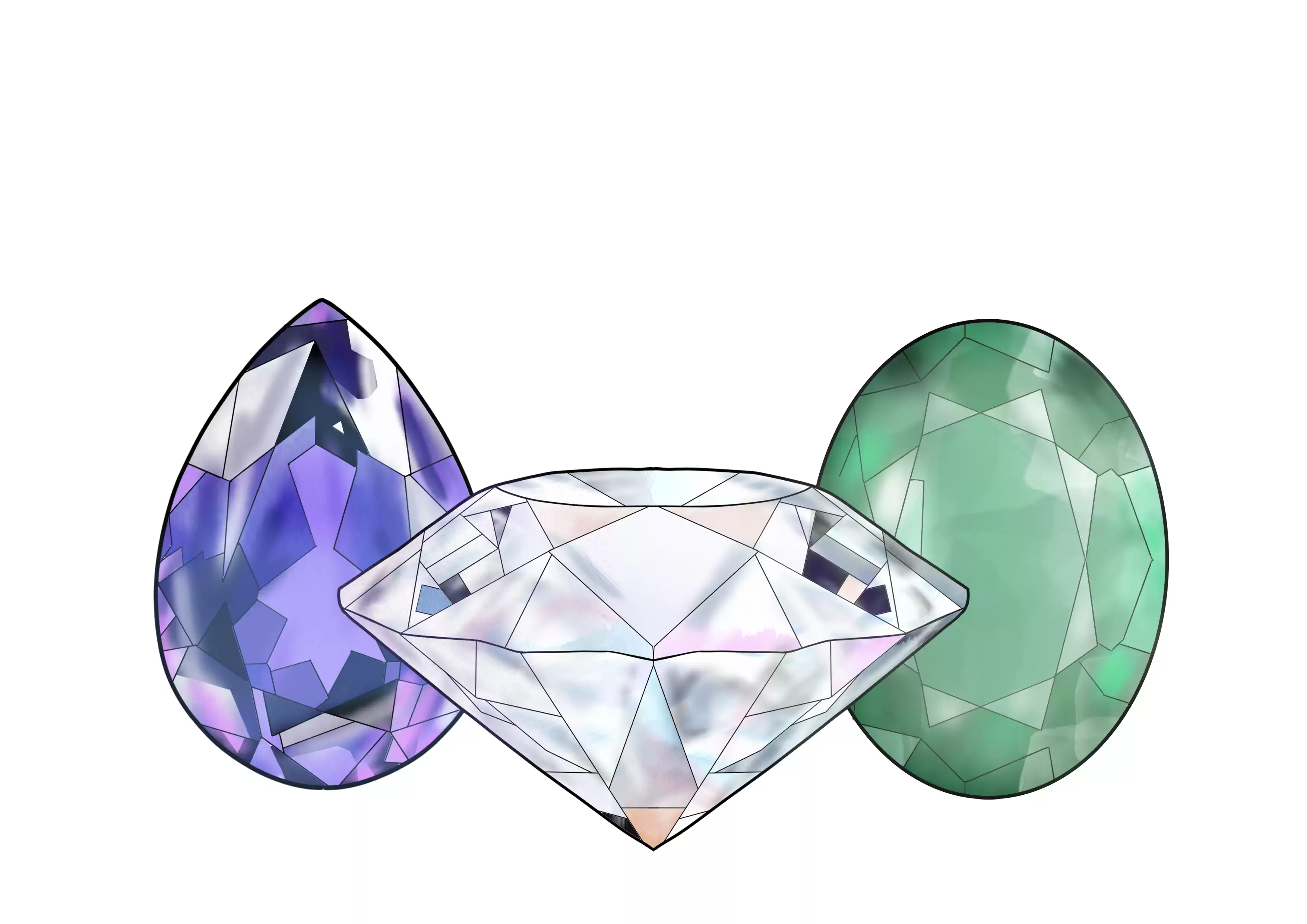 Illustration graphique de trois pierres précieuses (saphir, diamant et émeraude) symbolisant les trois formules tarifaires proposées pour votre maria