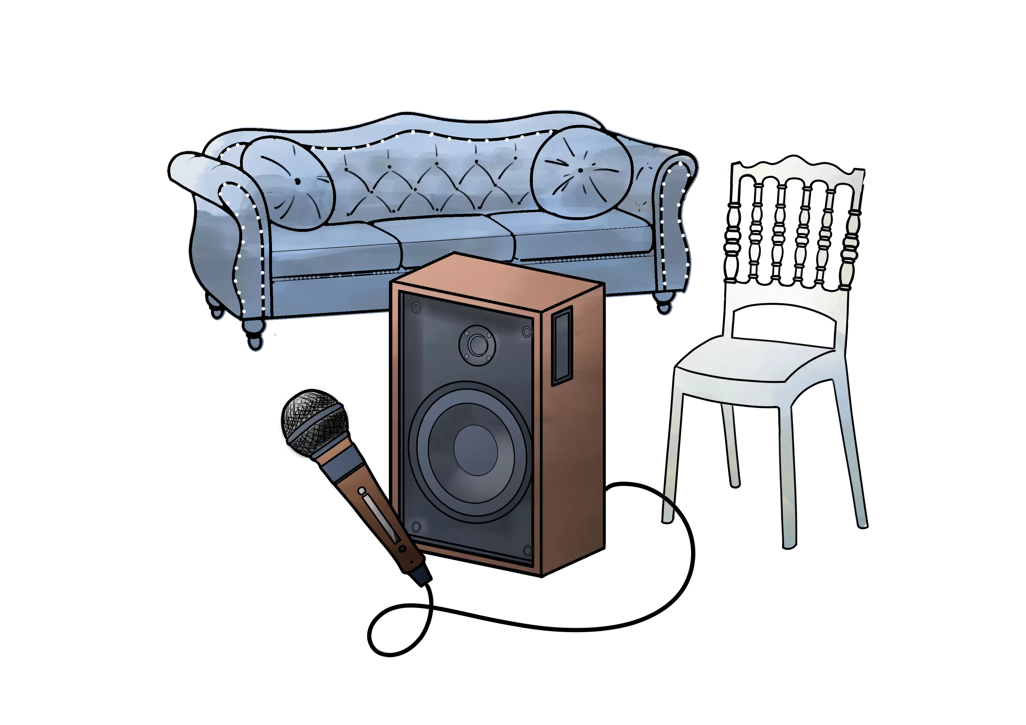 Illustration d'équipement événementiel (canapé, enceinte, micro) symbolisant l'offre clé en main : tables, chaises, système de sonorisation et éclairage d'ambiance inclus dans la location du c