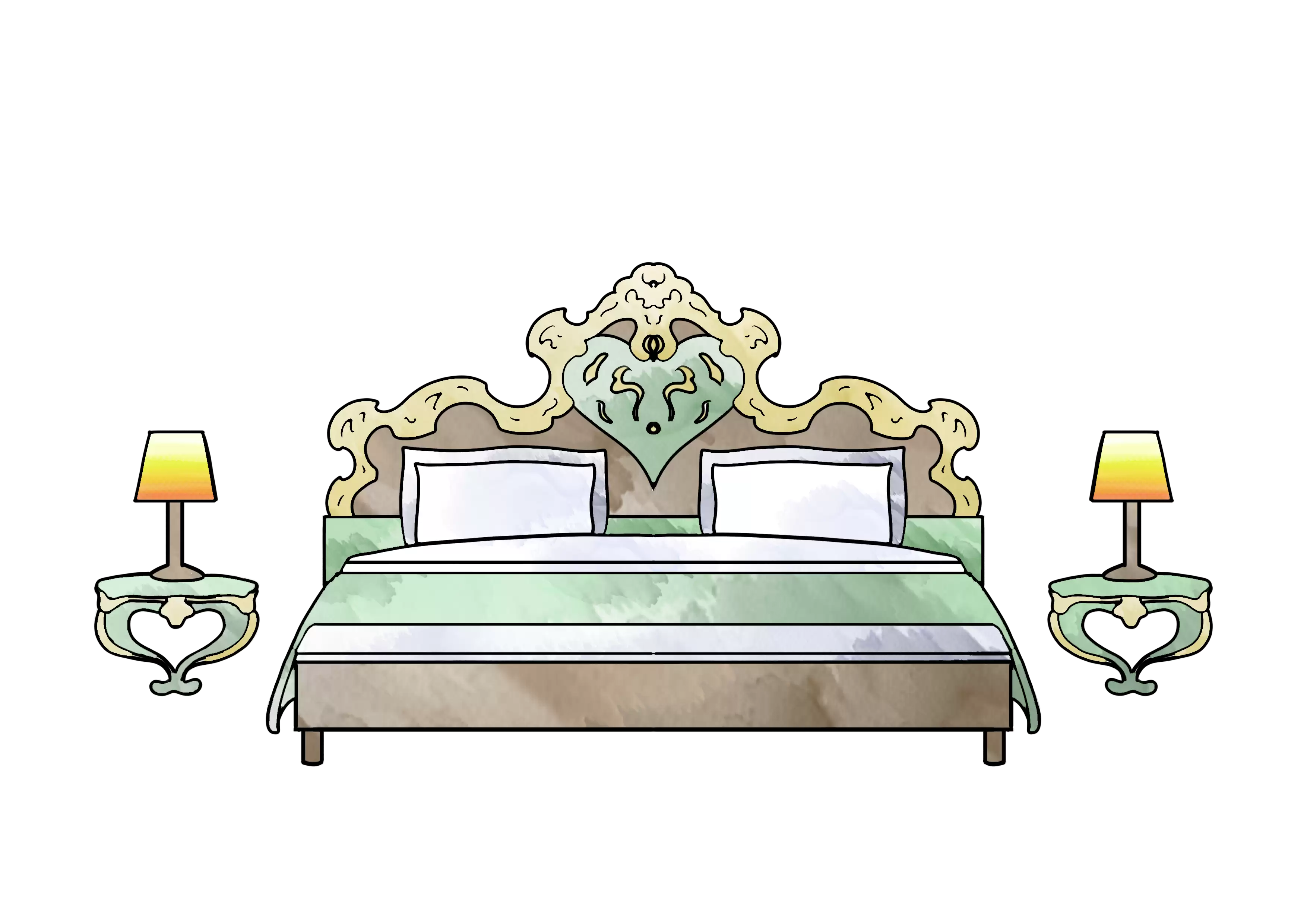 Illustration d'un lit élégant symbolisant la spacieuse suite nuptiale mise à disposition des mariés, comprenant une vaste pièce de préparation, une chambre romantique et une salle de bain p